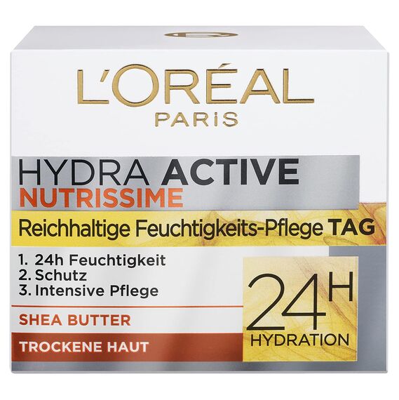 L'Oréal Paris Feuchtigkeitspflege für das Gesicht, Gesichtscreme für sensitive und trockene Haut, Hydratisierende Tagescreme mit Karité Butter, Hydra Active 3 Nutrissime, 1 x 50 ml