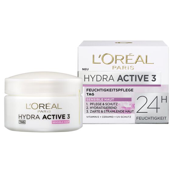 L'Oréal Paris Feuchtigkeitspflege für das Gesicht, Gesichtscreme für sensible Haut, Hydratisierende Tagescreme mit Glycerin und antioxidativem Vitamin E, Hydra Active 3 sensible Haut, 1 x 50 ml