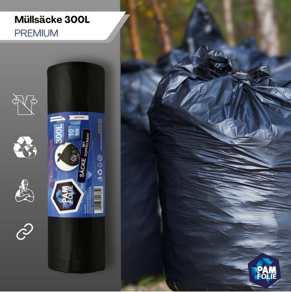 PAM-FOLIE Müllsäcke 300L - 10 Stück - XXL Große Bauschutt-Abfallsäcke, Premium - 120x140cm - 45µm - schwarzer Müllbeutel - Bauschuttsäcke - Säcke für Bauschutt Abfalls, Styropor