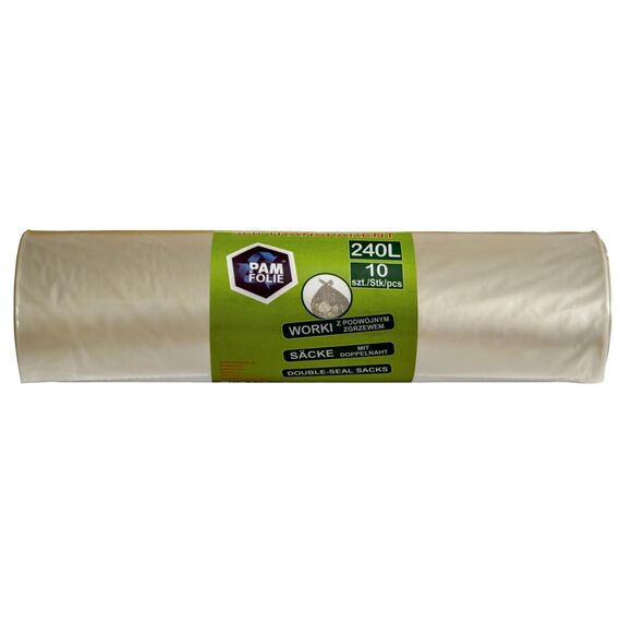 PAM-FOLIE Müllsäcke 240L - 10 Stück - XXL Große, Starke, Dicke Abfallsäcke - 120x130cm - 35µm - Universal, transparenter Müllbeutel - Bauschuttsäcke - Säcke für Bauschutt Abfalls, Styropor