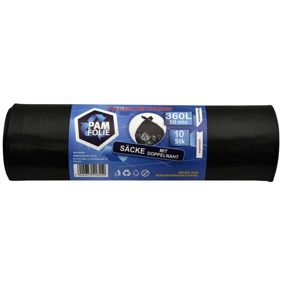 PAM-FOLIE Müllsäcke 360L - 10 Stück - XXL Große, Extra Stark, Dicke Abfallsäcke, Premium - 120x150cm - 50µm - schwarzer Müllbeutel - Bauschuttsäcke -Säcke für Bauschutt Abfalls, Styropor