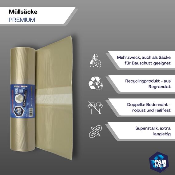 PAM-FOLIE Müllsäcke 840L - 10 Stück - XXL Große Bauschutt-Abfallsäcke, Premium - 130x170cm - 40µm - transparenter Müllbeutel - Bauschuttsäcke - Robuste Säcke für Styropor, Industrie