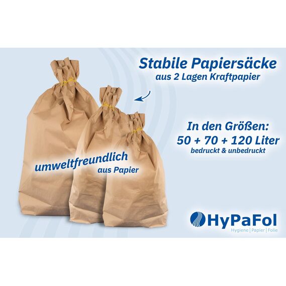 Hypafol Bio Papier Müllbeutel 50 Stück | abbaubare braune Biomüllbeutel für kompostierbare & biologische Abfälle und mehr | ohne Plastik | 2-lagig, Tüten mit 50 L Fassungsvermögen | 450x600+200 mm