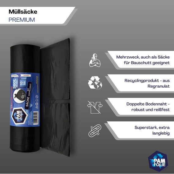 PAM-FOLIE Müllsäcke 360L - 10 Stück - XXL Große, Extra Stark, Dicke Abfallsäcke, Premium - 120x150cm - 50µm - schwarzer Müllbeutel - Bauschuttsäcke -Säcke für Bauschutt Abfalls, Styropor