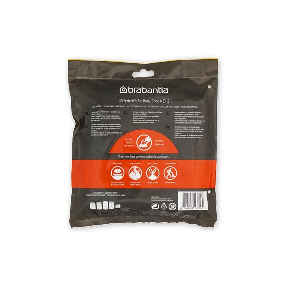 Brabantia Müllbeutel PerfectFit Spenderpackung (Code A / 3L) Extra Starke müllsäcke Mit Zugband (40 Müllbeutel)