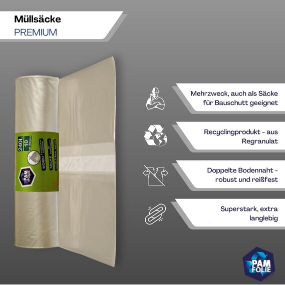 PAM-FOLIE Müllsäcke 240L - 10 Stück - XXL Große, Starke, Dicke Abfallsäcke - 120x130cm - 35µm - Universal, transparenter Müllbeutel - Bauschuttsäcke - Säcke für Bauschutt Abfalls, Styropor