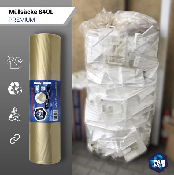 PAM-FOLIE Müllsäcke 840L - 10 Stück - XXL Große Bauschutt-Abfallsäcke, Premium - 130x170cm - 40µm - transparenter Müllbeutel - Bauschuttsäcke - Robuste Säcke für Styropor, Industrie