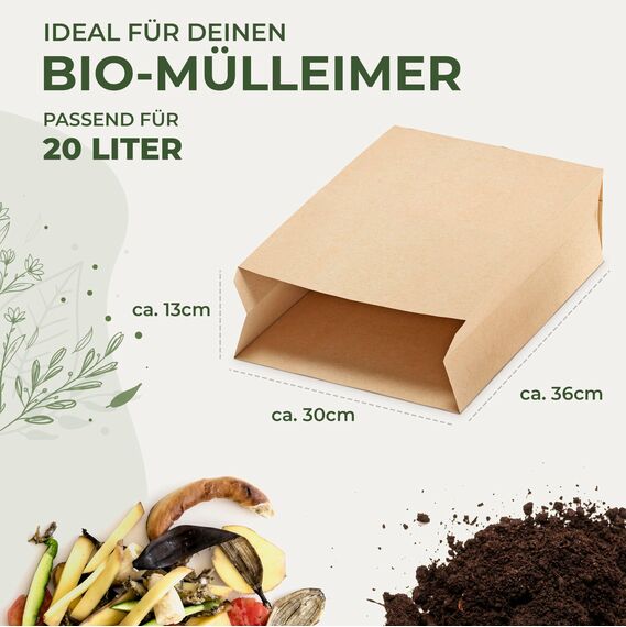 BIOGLÜCK® Biomüllbeutel 20L [100 Stück] Papiertüten für Biomüll – reißfest, nassfest & kompostierbar | Bio Müllbeutel aus Papier für Biomülleimer
