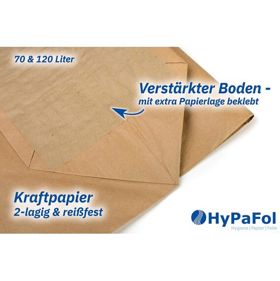 Hypafol Bio Papier Müllbeutel 50 Stück | abbaubare braune Biomüllbeutel für kompostierbare & biologische Abfälle & Papier | ohne Plastik | 2-lagig, Tüten mit 120 L | 700x950+220 mm, Aufdruck "Abfälle"