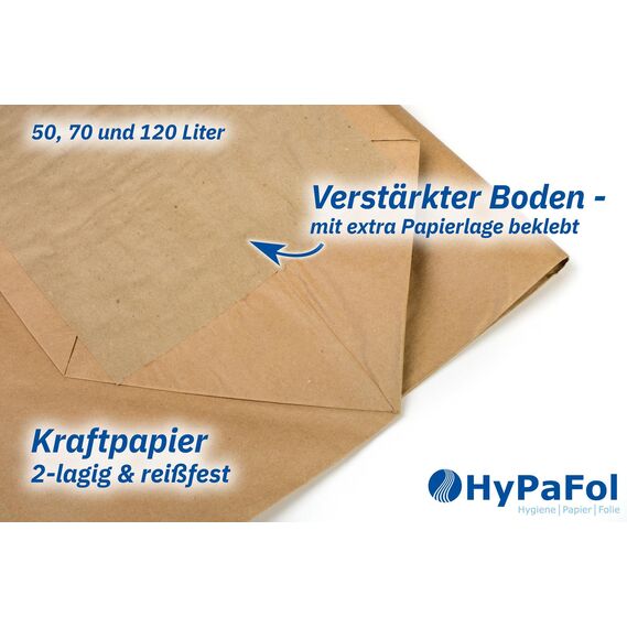 Hypafol Bio Papier Müllbeutel 50 Stück | abbaubare braune Biomüllbeutel für kompostierbare & biologische Abfälle und mehr | ohne Plastik | 2-lagig, Tüten mit 50 L Fassungsvermögen | 450x600+200 mm