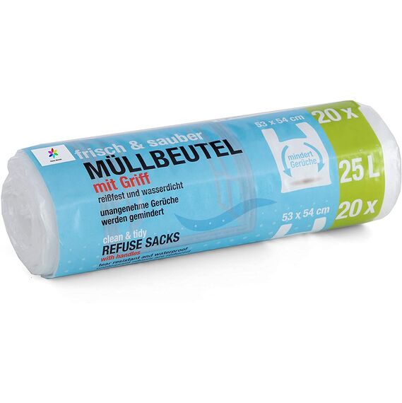 200 Stück Müllbeutel Premiumline: 25 Liter, 10er Pack, Größe: 53 x 54 cm - Besonders reißfest und wasserdicht - Mit Trage-Griff/Henkel