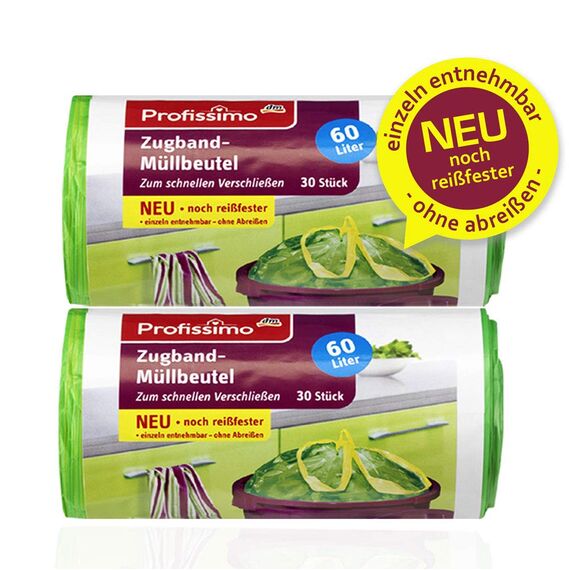 Gut & Günstig Müllbeutel mit Kordelzug, 60 Liter, reißfest und flüssigkeitsdicht, 60 Stück, 2 x 30 Pads einzeln, kein Reißen