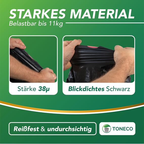 Toneco Müllbeutel 60L - MIT ZUGBAND - EXTRA BREIT & EXTRA STARK - 250 Beutel - reißfest & dicht - stabile Müllsäcke 60L - Fixierband Mülltüten -100% recycelt - für den Hausmüll - 10 Rollen à25 (250)