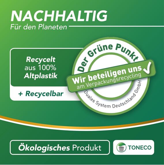 Toneco Müllbeutel 60L - MIT ZUGBAND - EXTRA BREIT & EXTRA STARK - 100 Beutel - reißfest & dicht - stabile Müllsäcke 60L - Fixierband Mülltüten -100% recycelt - für den Hausmüll - 4 Rollen à25 (100)