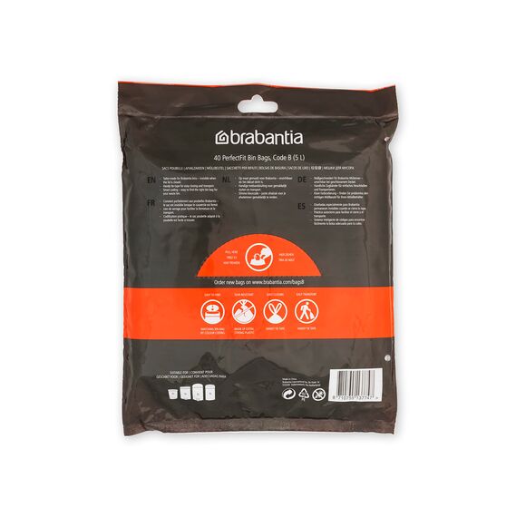 Brabantia Müllbeutel PerfectFit Spenderpackung (Code B / 5L) Extra Starke müllsäcke Mit Zugband (40 Müllbeutel)