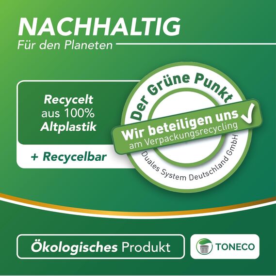 Toneco Müllbeutel 60L - MIT ZUGBAND - EXTRA BREIT & EXTRA STARK - 150 Beutel - reißfest & dicht - stabile Müllsäcke 60L - Fixierband Mülltüten -100% recycelt - für den Hausmüll - 6 Rollen à25 (150)