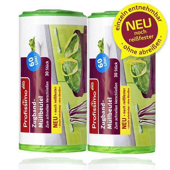 Gut & Günstig Müllbeutel mit Kordelzug, 60 Liter, reißfest und flüssigkeitsdicht, 60 Stück, 2 x 30 Pads einzeln, kein Reißen