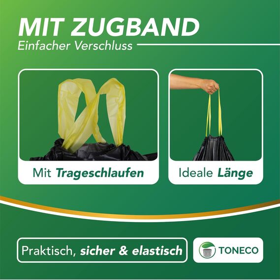 Toneco Müllbeutel 60L - MIT ZUGBAND - EXTRA BREIT & EXTRA STARK - 250 Beutel - reißfest & dicht - stabile Müllsäcke 60L - Fixierband Mülltüten -100% recycelt - für den Hausmüll - 10 Rollen à25 (250)