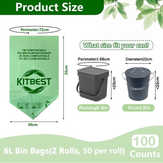 Kitbest biologisch abbaubare Lebensmittelabfallbeutel, 6 l, Kompostierbar, Küche, Müll, Müllbeutel