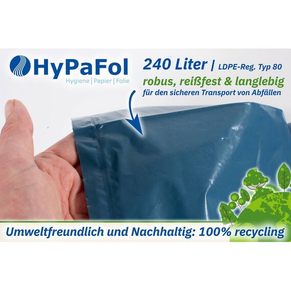 ???????????????????? ????????????????: Hypafol 100 Stück reißfeste Müllsäcke | extra starke Abfallsäcke | 10 blaue Rollen | 240 L Fassungsvolumen | stabile Müllbeutel aus umweltfreundlicher Recyclingfolie