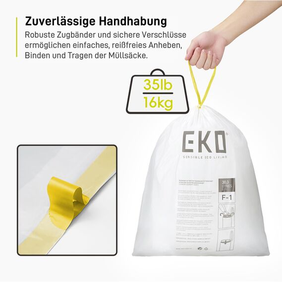 EKO Größe F-1 Müllbeutel (30.3L), extra starke Müllsäcke mit Zugband für Küche, 20 Beutel, weiß, Perfekte Passform für Recycling-Mülleimer mit mehreren Fächern