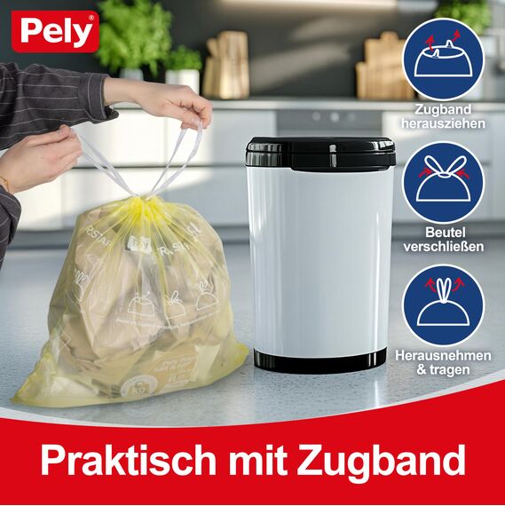Pely Zugband Müllbeutel extra stark, Vorteilspack (4 x 17 Stück), gelb, für die Entsorgung von Restabfall (25 Liter) (25 Liter)