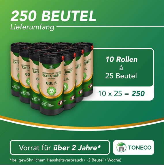 Toneco Müllbeutel 60L - MIT ZUGBAND - EXTRA BREIT & EXTRA STARK - 250 Beutel - reißfest & dicht - stabile Müllsäcke 60L - Fixierband Mülltüten -100% recycelt - für den Hausmüll - 10 Rollen à25 (250)