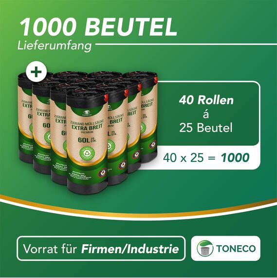 Toneco Müllbeutel 60L - MIT ZUGBAND - EXTRA BREIT & EXTRA STARK - 1000 Beutel - reißfest & dicht - stabile Müllsäcke 60L - Fixierband Mülltüten -100% recycelt - für den Hausmüll - 40 Rollen à25 (1000)