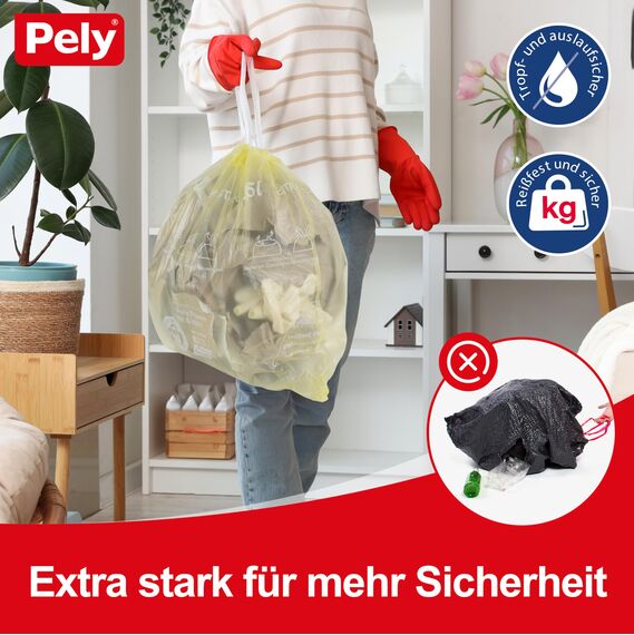 Pely Zugband Müllbeutel extra stark, Vorteilspack (4 x 17 Stück), gelb, für die Entsorgung von Restabfall (25 Liter) (25 Liter)