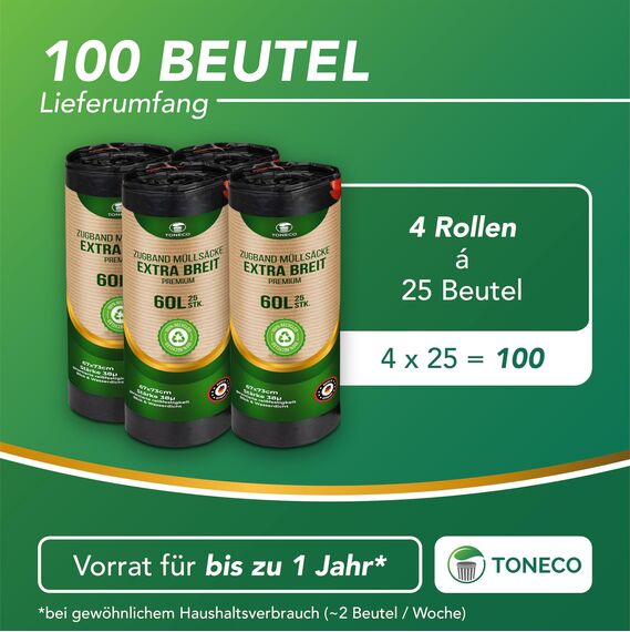 Toneco Müllbeutel 60L - MIT ZUGBAND - EXTRA BREIT & EXTRA STARK - 100 Beutel - reißfest & dicht - stabile Müllsäcke 60L - Fixierband Mülltüten -100% recycelt - für den Hausmüll - 4 Rollen à25 (100)