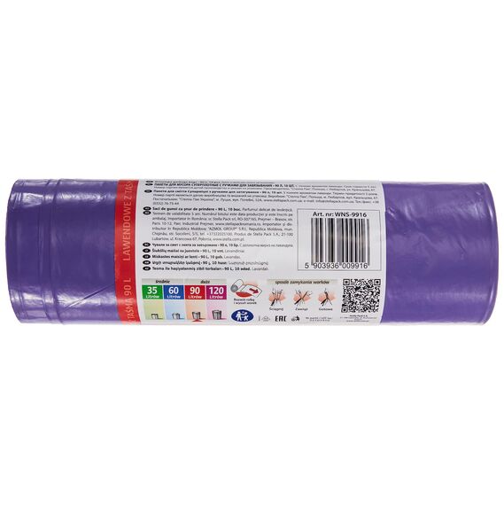 Stella 009916 Müllbeutel mit Zugband 90 L | 10 Stück | Lavendelduft | Müllsack Mülltüte Abfallsäcke für Den Hausmüll Büro aus LDPE-Folie Hergestellt/aus Regranulat Farbe: Lavendel/Violette
