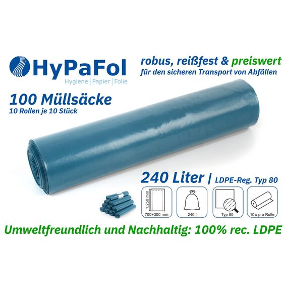 ???????????????????? ????????????????: Hypafol 100 Stück reißfeste Müllsäcke | extra starke Abfallsäcke | 10 blaue Rollen | 240 L Fassungsvolumen | stabile Müllbeutel aus umweltfreundlicher Recyclingfolie