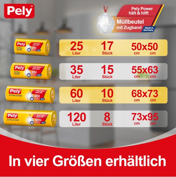 Pely Zugband Müllbeutel extra stark, Vorteilspack (4 x 17 Stück), gelb, für die Entsorgung von Restabfall (25 Liter) (25 Liter)