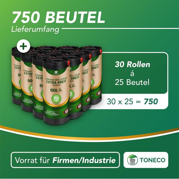 Toneco Müllbeutel 60L - MIT ZUGBAND - EXTRA BREIT & EXTRA STARK - 750 Beutel - reißfest & dicht - stabile Müllsäcke 60L - Fixierband Mülltüten -100% recycelt - für den Hausmüll - 30 Rollen à25 (750)