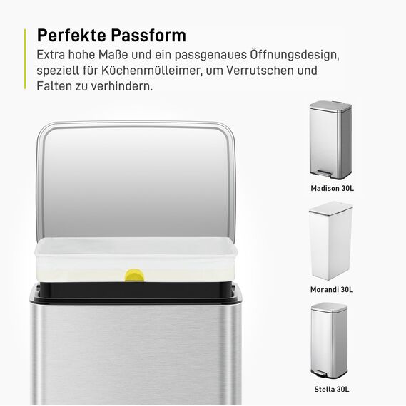 EKO Müllbeutel 25–35L, Reißfeste Müllsäcke mit praktischem Zugband, Größe E, Extra starke & dichte Mülltüten für Küchenmülleimer, 12 Stück, Weiß