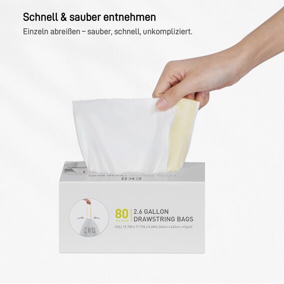 EKO Müllbeutel, einfach zu verwenden, extra starker Kordelzug, klein, 80 Stück, 7–10 l, 1 Packung, Weiß, Code B
