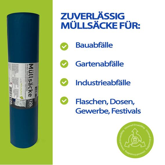 1 Karton Schwerlast Müllsäcke, 10 Rollen à 15 QUALITY PLUS Müllbeutel, Müllsäcke blau, Mülltüten extrem reißfest, 120l, 700x1100mm, 70my | speziell für Gewerbe, Bau, Bauschutt und Garten