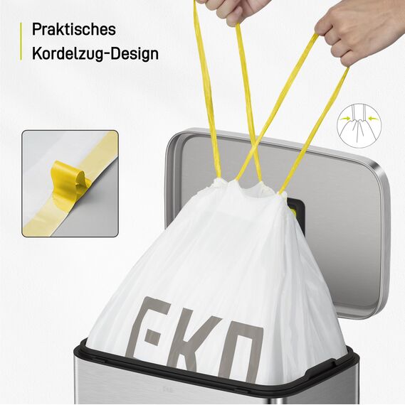 EKO reißfest Müllbeutel mit Zugband, 60 Liter Müllsäcke, 60 Beuteln, extra starken, Schnellzugriffsbox, Auslaufsicher Mülltüten für sicheren Halt am Mülleimer, weiß, Größe F