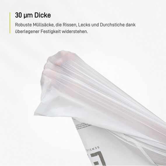 EKO extralange Müllbeutel mit Zugband, 30 Liter Müllsäcke, 100 Beuteln, extra starken, Schnellzugriffsbox, Perfekte Passform für Recycling-Mülleimer, Auslaufsicher, weiß, Größe F-1