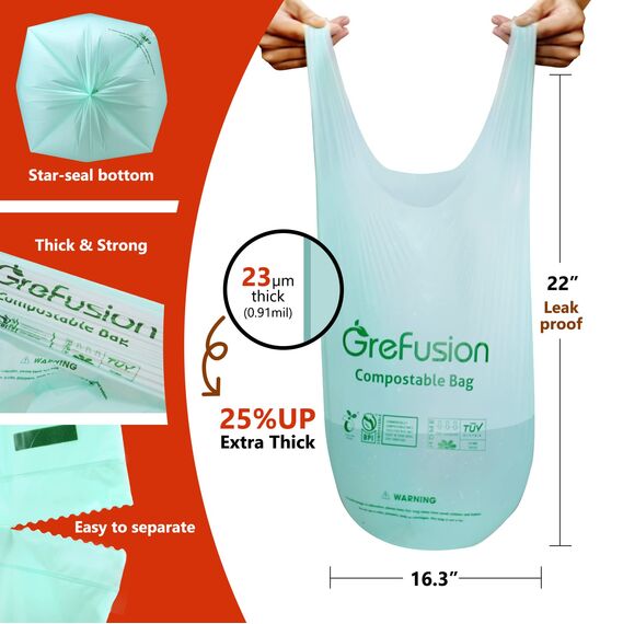 GreFusion Kompostierbare Bio Müllbeutel mit Tragegriff (10 Liter-50 Stück)