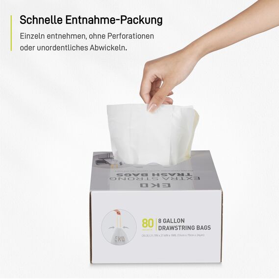 EKO reißfest Müllbeutel mit Zugband, 25-35 Liter Müllsäcke, 80 Beuteln, extra starken, Schnellzugriffsbox, Auslaufsicher Mülltüten für sicheren Halt am Mülleimer, weiß, Größe E