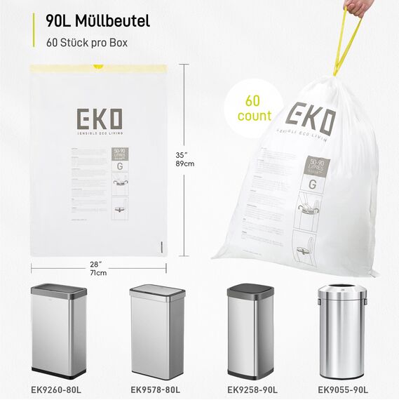 EKO reißfest Müllbeutel mit Zugband, 80 Liter Müllsäcke, 60 Beuteln, extra starken, Auslaufsichere und geruchsdichte Mülltüten mit sicherem Halt am Mülleimer, Schnellzugriffsbox, weiß, Größe G