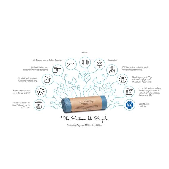 TSP Recycling Zugband Müllbeutel 35L - zu mind. 90% aus Post-Consumer-Abfällen (PE) - Blauer Engel zertifiziert - sicher & reißfest - für den Restmüll und die Wertstoffsammlung (35 Liter (15 Stück))