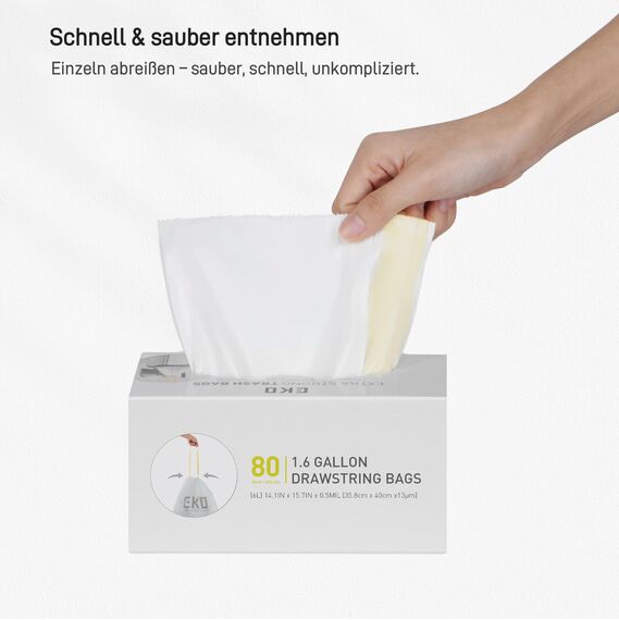 EKO Müllbeutel Größe A (3L- 6L), extra starke Müllsäcke mit Zugband für Küche und Bad, 80 Beutel, 1 Packung, weiß, klein, Geeignet für Mülleimer mit 3L, 4L, 5L, 6L
