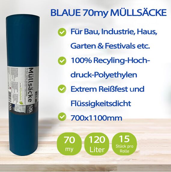 8 Rollen Schwerlast Müllsäcke, à 15 QUALITY PLUS Müllbeutel, Müllsäcke blau, Mülltüten extrem reißfest, 120l, 700x1100mm, 70my | speziell für Gewerbe, Bau, Bauschutt und Garten