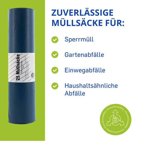 10 Rollen (1 Karton) Extra Starke Müllbeutel 120 L - Reißfeste Müllsäcke XXL - 25 STÜCK je Rolle - Stabile Mülltüten blau für Haushalt, Baustelle und Gastronomie als Abfallsack