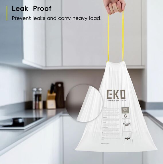 EKO Müllbeutel Größe G (50L- 90L), extra starke Müllsäcke mit Zugband für Küche, 10 Beutel, weiß, Perfect Fit, Geeignet für Großer Mülleimer mit 50L, 60L, 70L, 80L, 90L