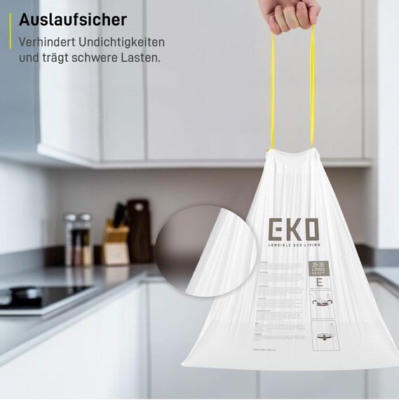 EKO Müllbeutel 25–35L, Reißfeste Müllsäcke mit praktischem Zugband, Größe E, Extra starke & dichte Mülltüten für Küchenmülleimer, 12 Stück, Weiß