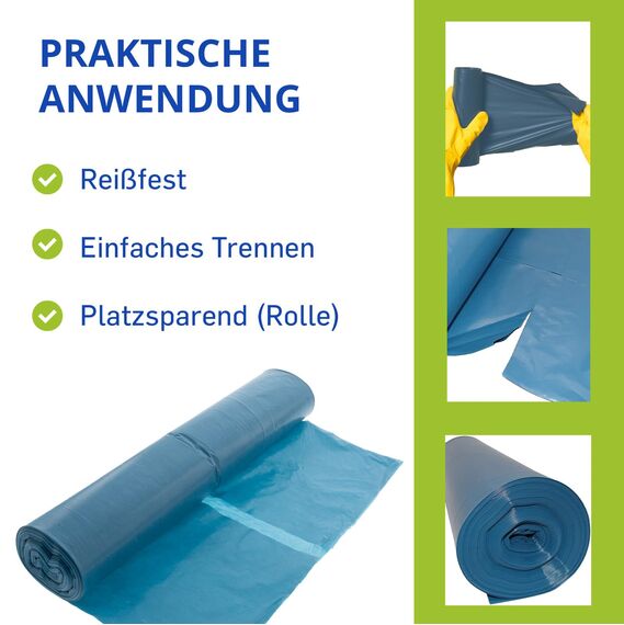 Hossi's Wholesale – 120 Liter Abfallsäcke, 1 Rolle à 25 Stück – Blaue Müllsäcke für Haus-, Garten- & Gastronomieabfälle – reißfeste Müllbeutel mit 39my Stärke (700 x 1100 mm)