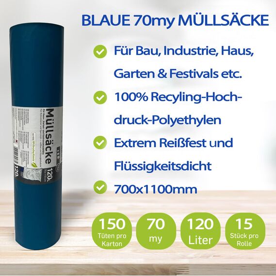 1 Karton Schwerlast Müllsäcke, 10 Rollen à 15 QUALITY PLUS Müllbeutel, Müllsäcke blau, Mülltüten extrem reißfest, 120l, 700x1100mm, 70my | speziell für Gewerbe, Bau, Bauschutt und Garten